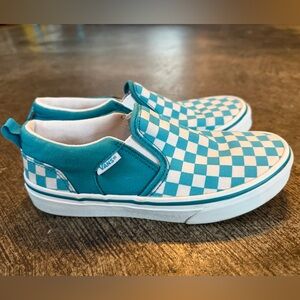 Vans Classic Teal and White Checkered Slip-On Kids Sneakers 3.5